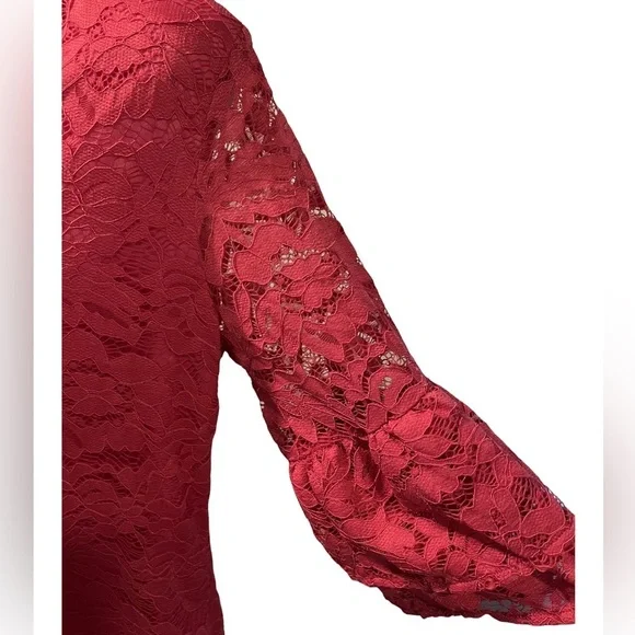 Belongsei Hot Pink Floral Lace 3/4 flare sleeves V neck dress NWOT - Picture 4 of 6